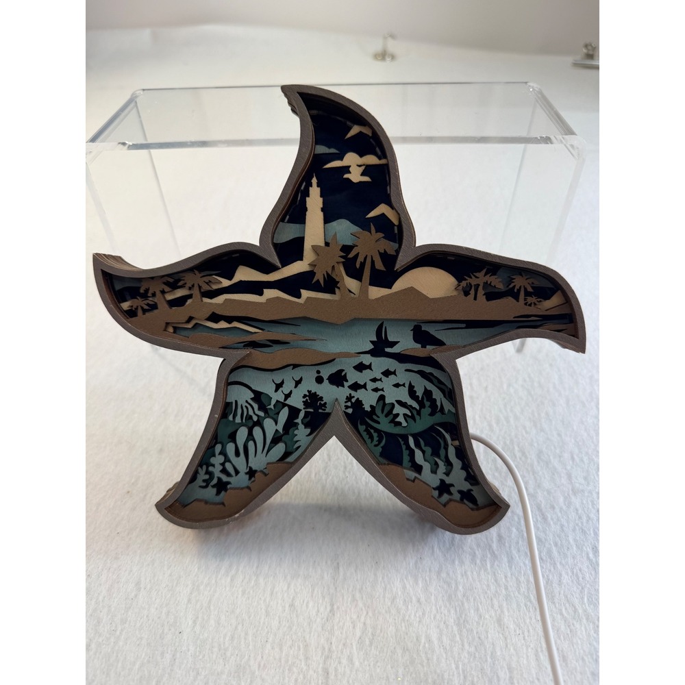Wooden Starfish 3D Shadow Box Coastal Lighted Wall Art Lighthouse Palm Trees